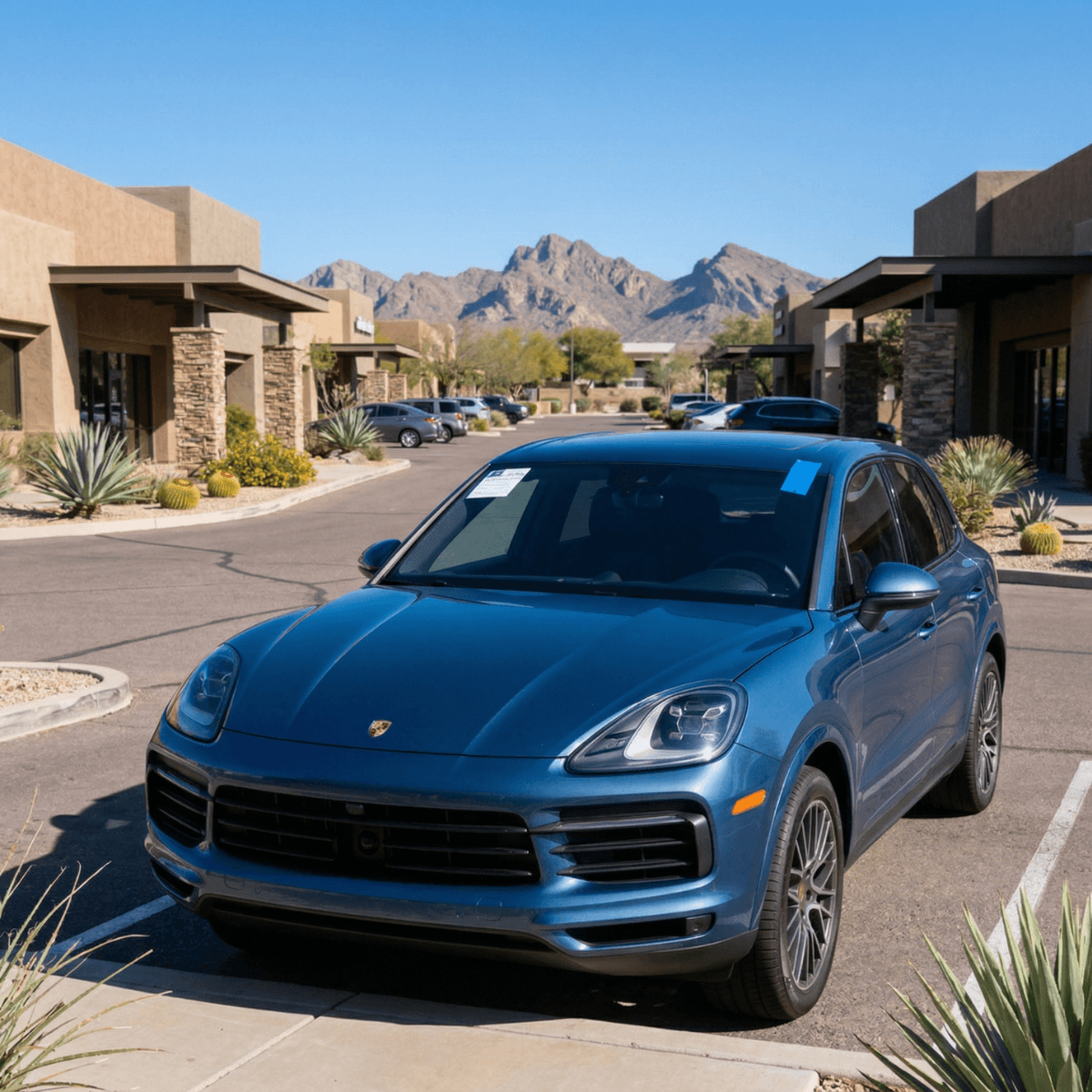 Blue Porsche Cayenne photographed in Fountain Hills with the McDowell Mountains behind after a windshield replacement