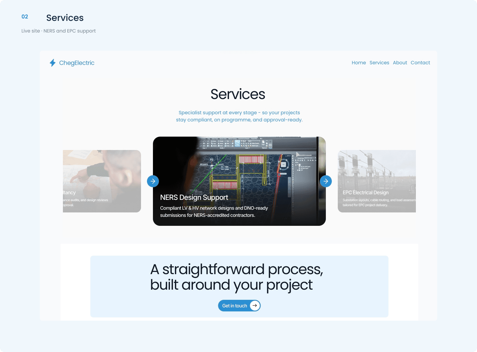 Live ChegElectric services page with specialist service content and a project process prompt