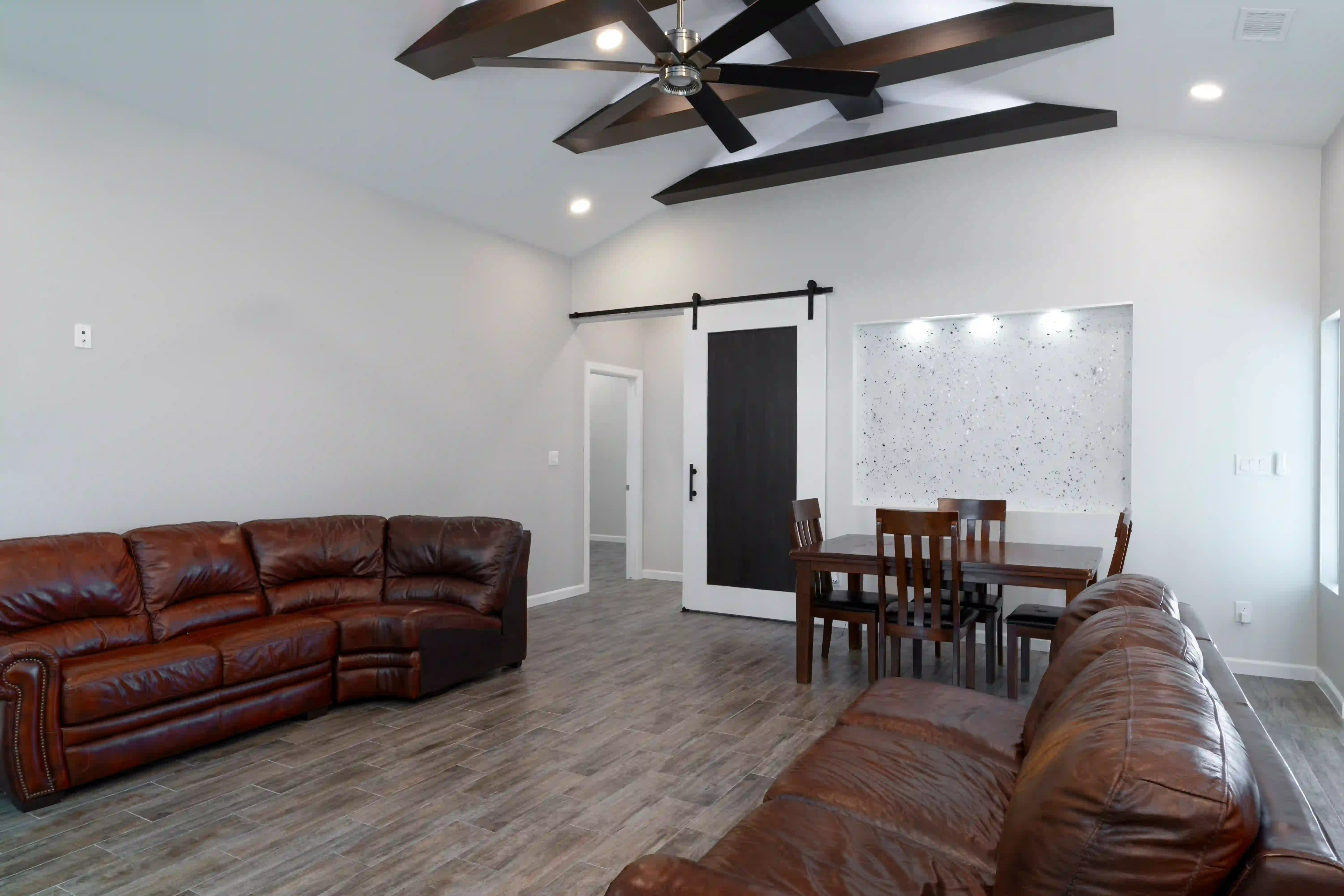 A picture of a house during twilight.