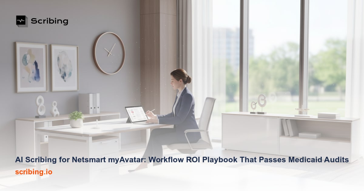 Behavioral health clinician using AI scribing technology integrated with Netsmart myAvatar EHR to streamline clinical documentation workflows