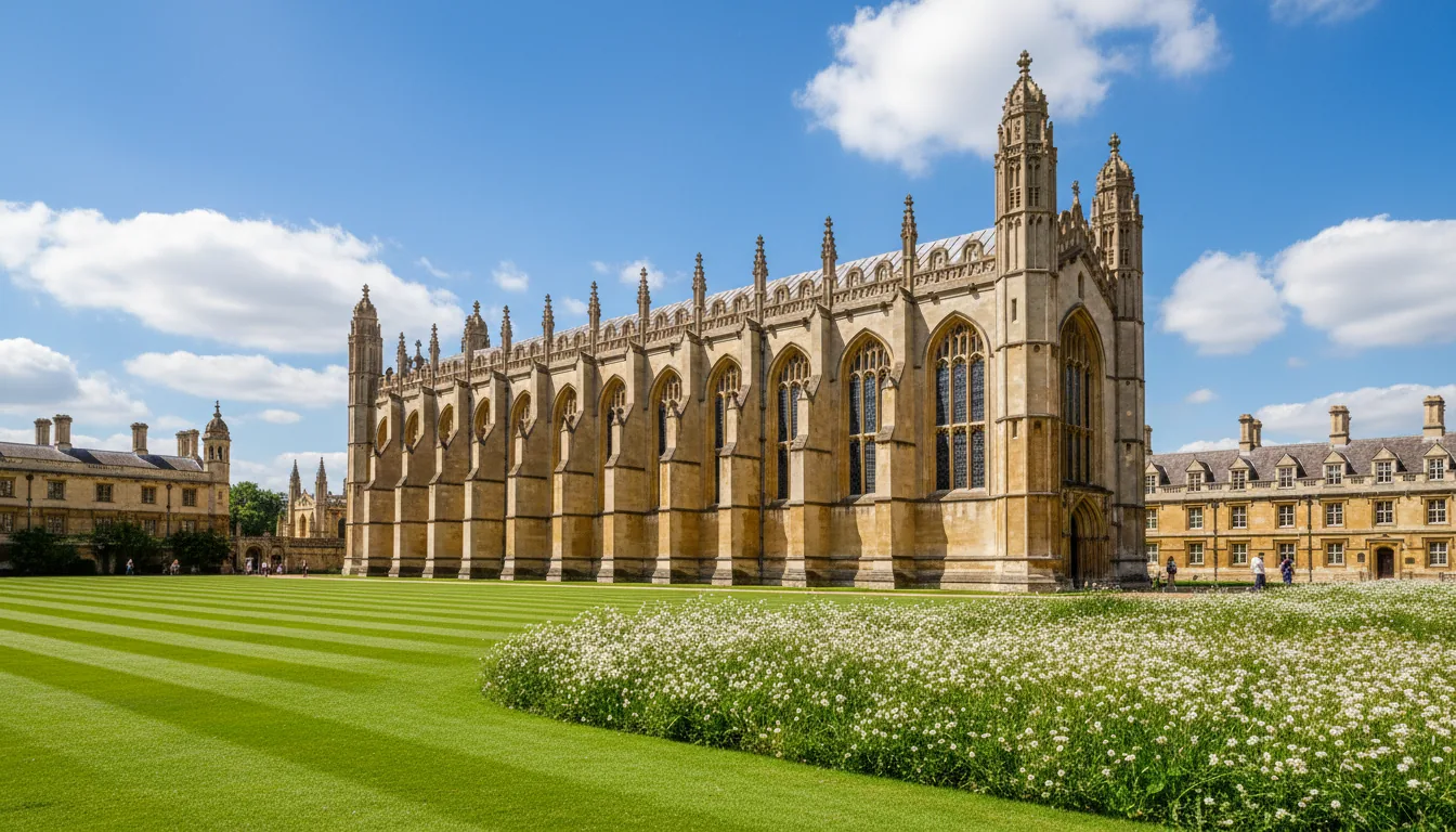 DSLR photograph of King's College Chapel at Cambridge University, showcasing its detailed Perpendicular Gothic stone architecture. The shot is taken from across a vast, manicured green lawn with visible mowing stripes. A wide bank of white wildflowers separates the lawn from the historic buildings. The scene is illuminated by bright natural daylight under a blue sky with scattered, puffy white clouds, creating a clear and sharp focus throughout the entire composition.