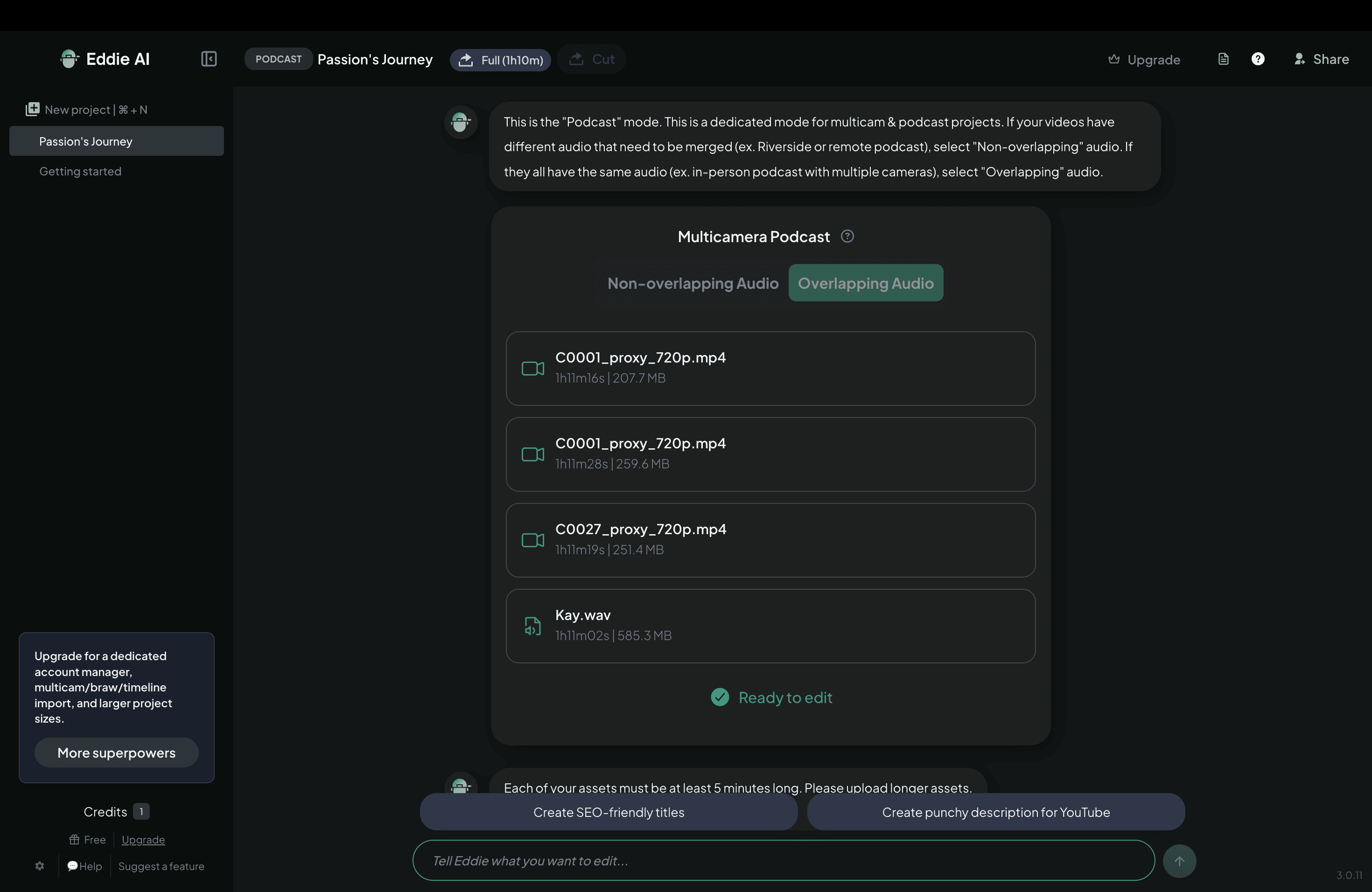 Ui showing the number of multicam and audio Eddie AI can support