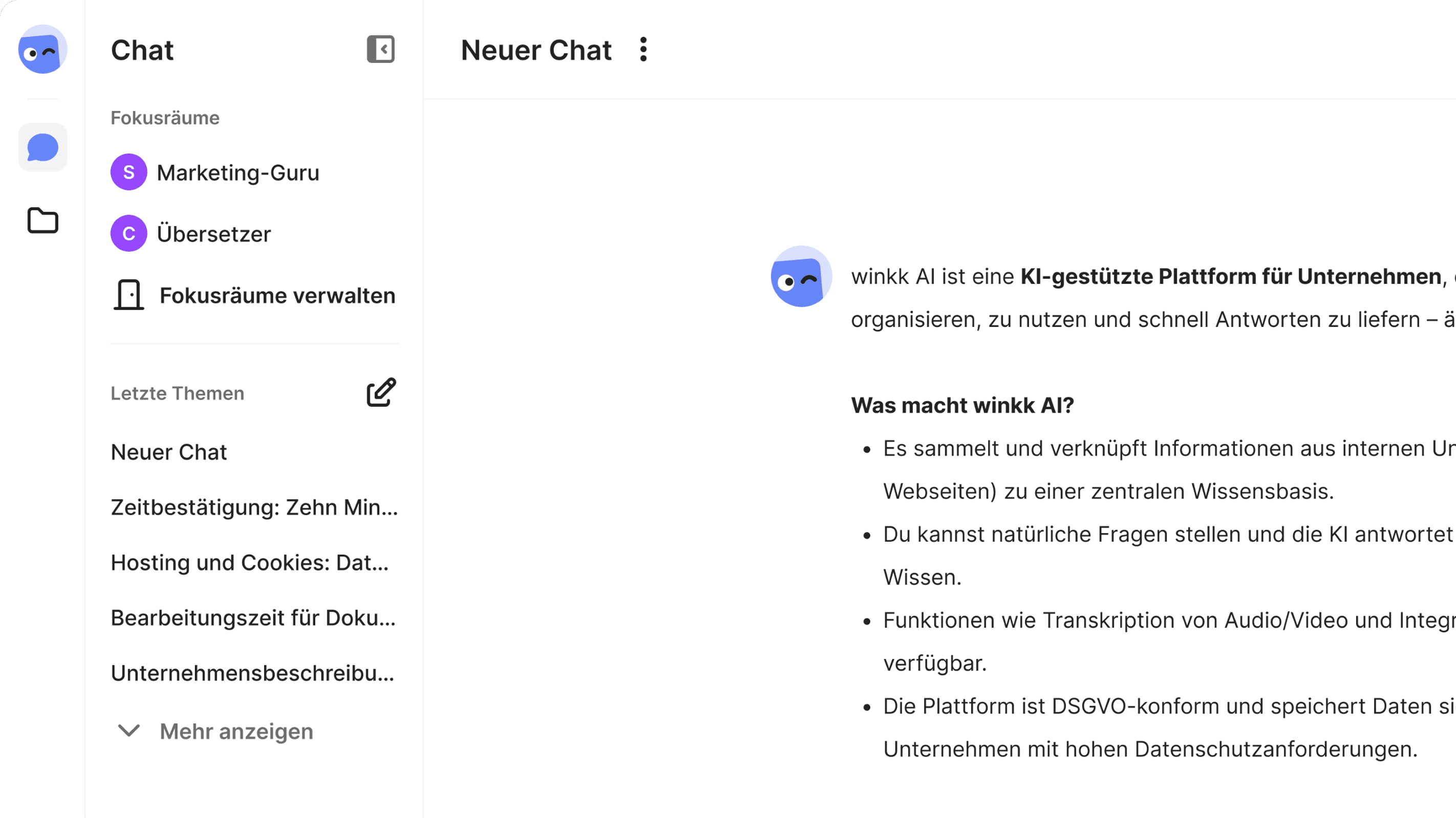 winkk AI Chat Übersicht mit fiktiven Chats.