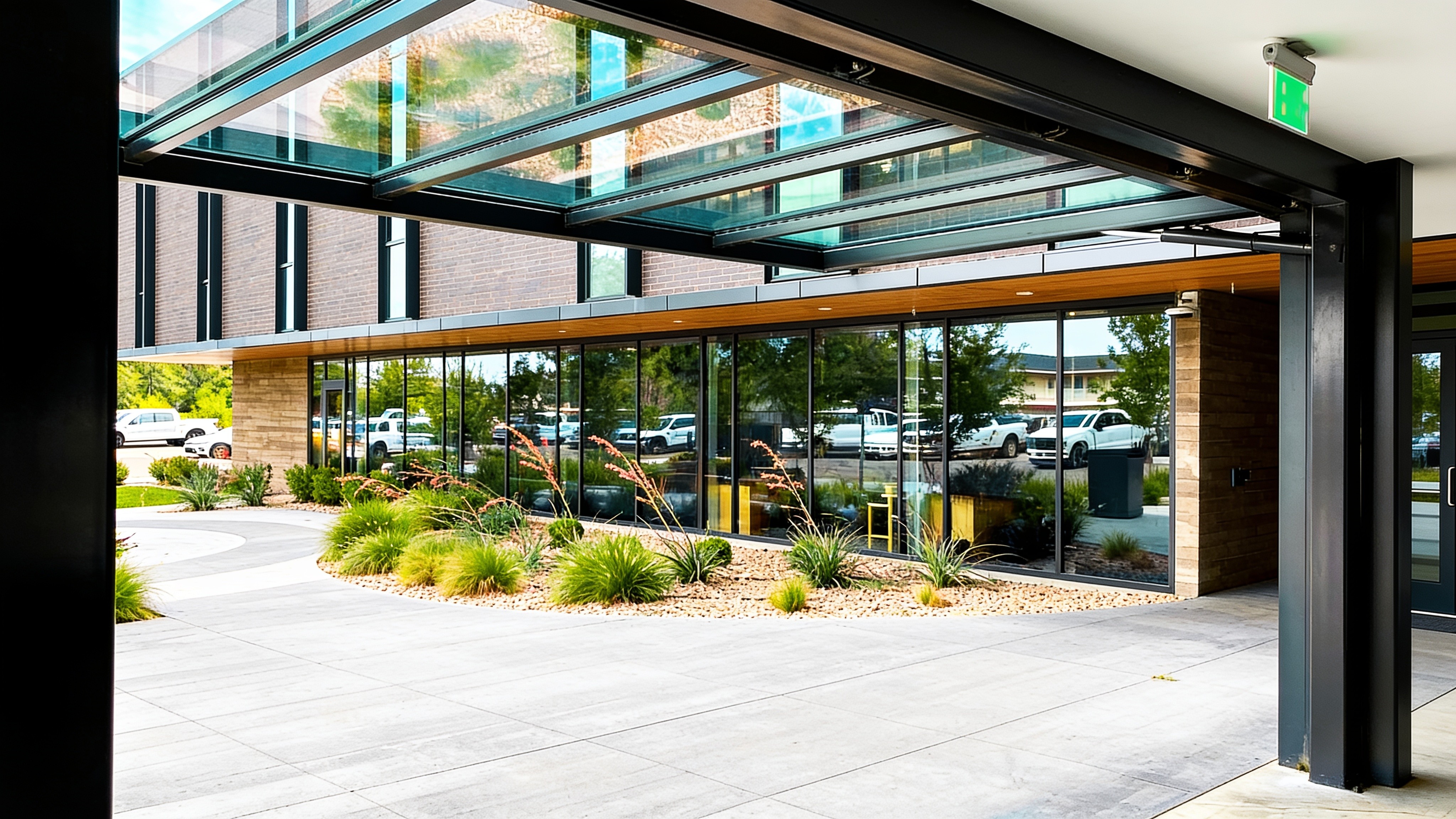 Concealed cylinder glass door open at a modern office entrance