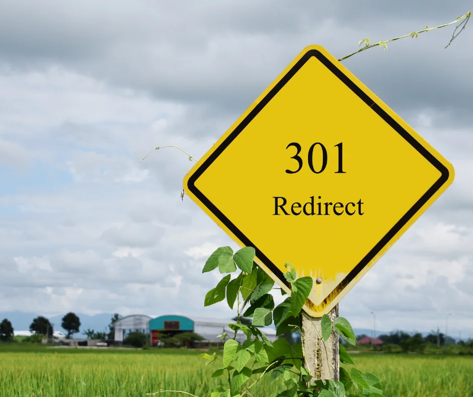 A yellow sign saying 301 redirects