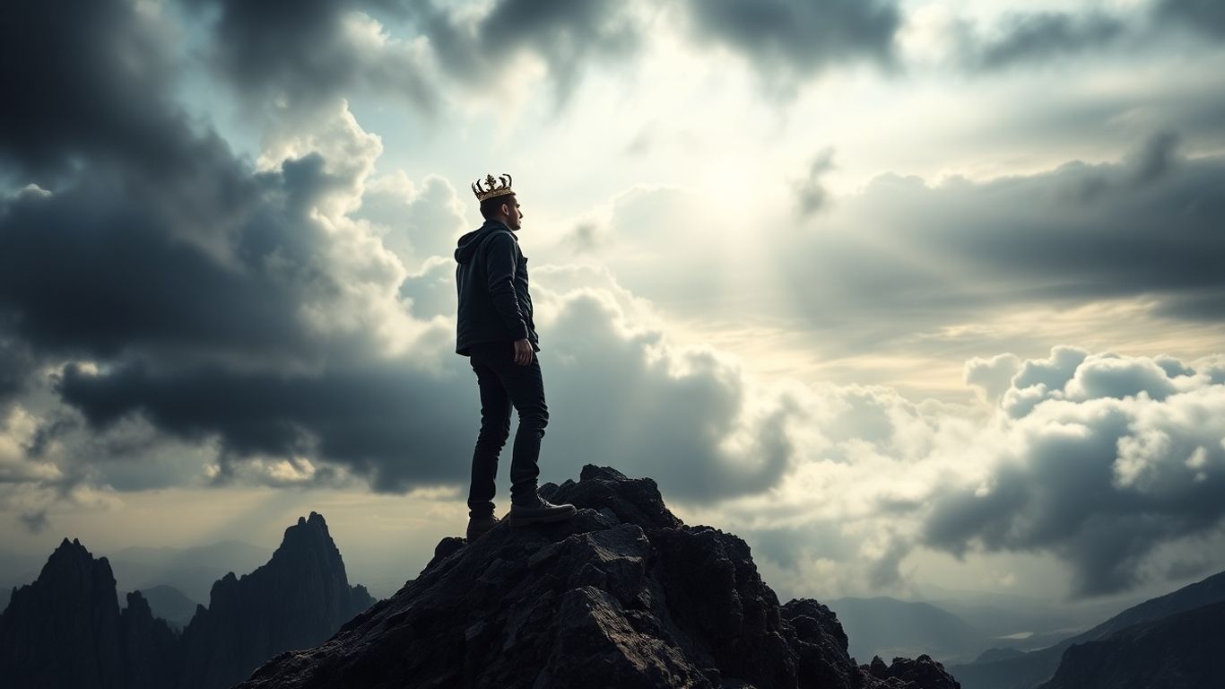 Person wearing a crown on a mountain peak.