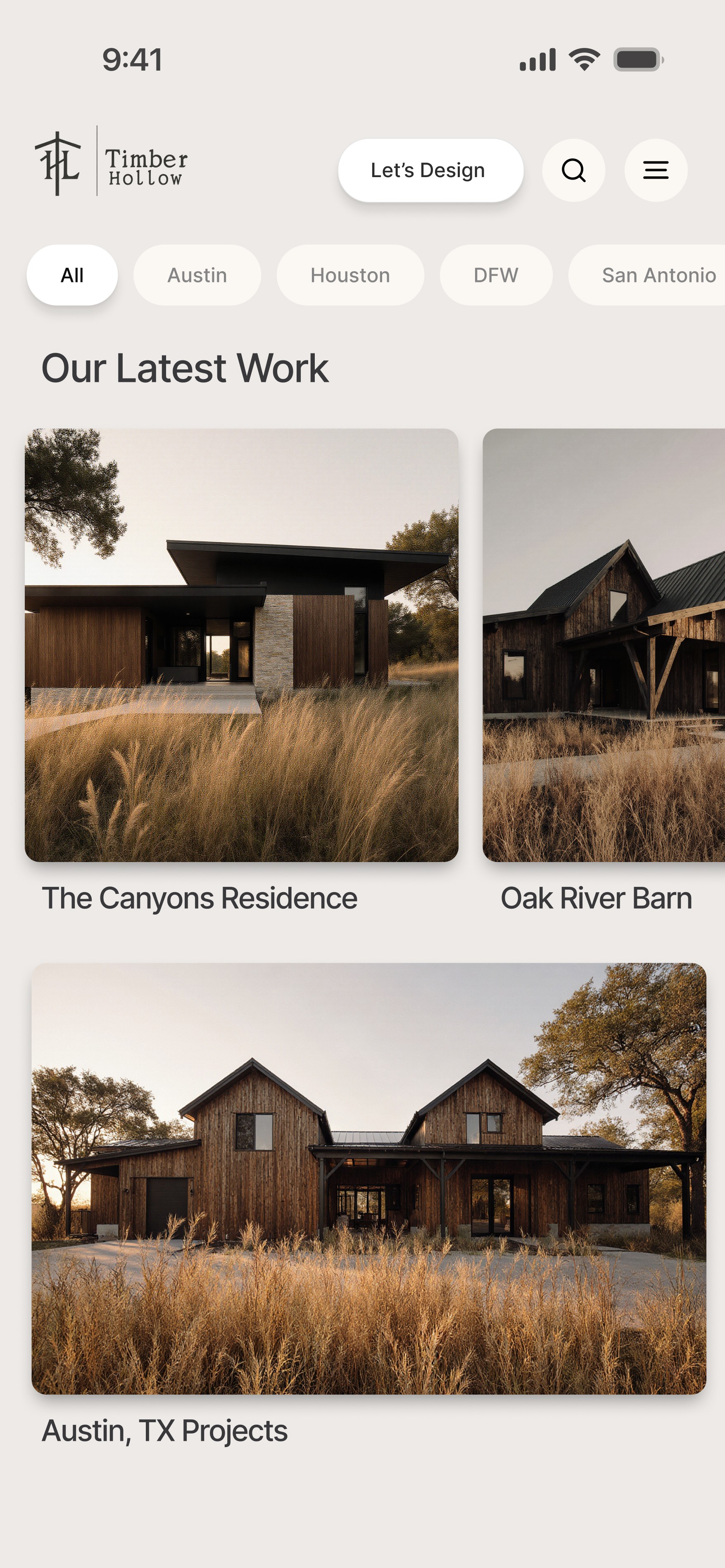 Mobile portfolio screen for Timber Hollow highlighting modern residential projects across Austin, Houston, and Dallas.