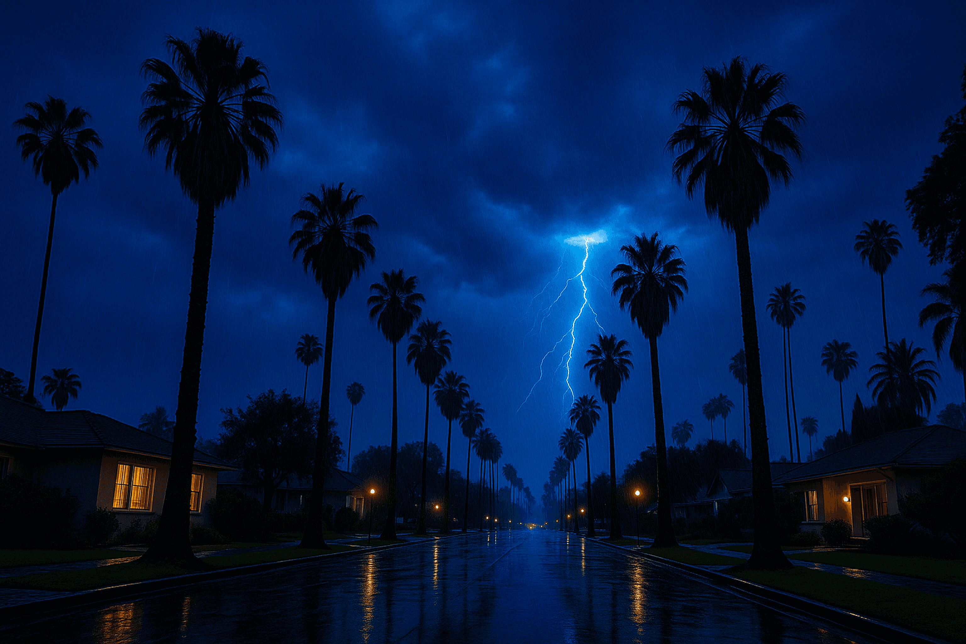 a street with lightning and palm trees