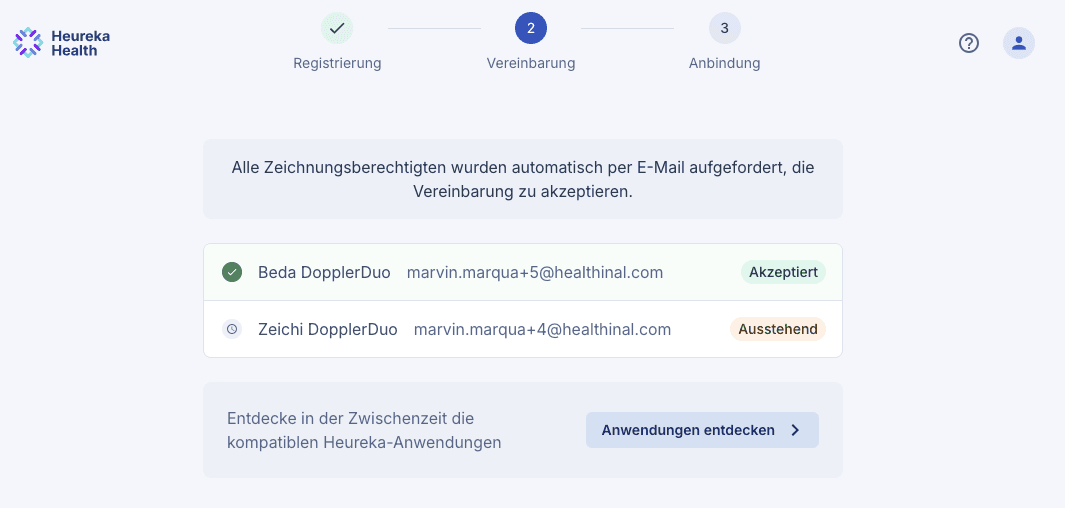 Screenshot des  Registrierungsstatus der Zeichnungsberechtigten