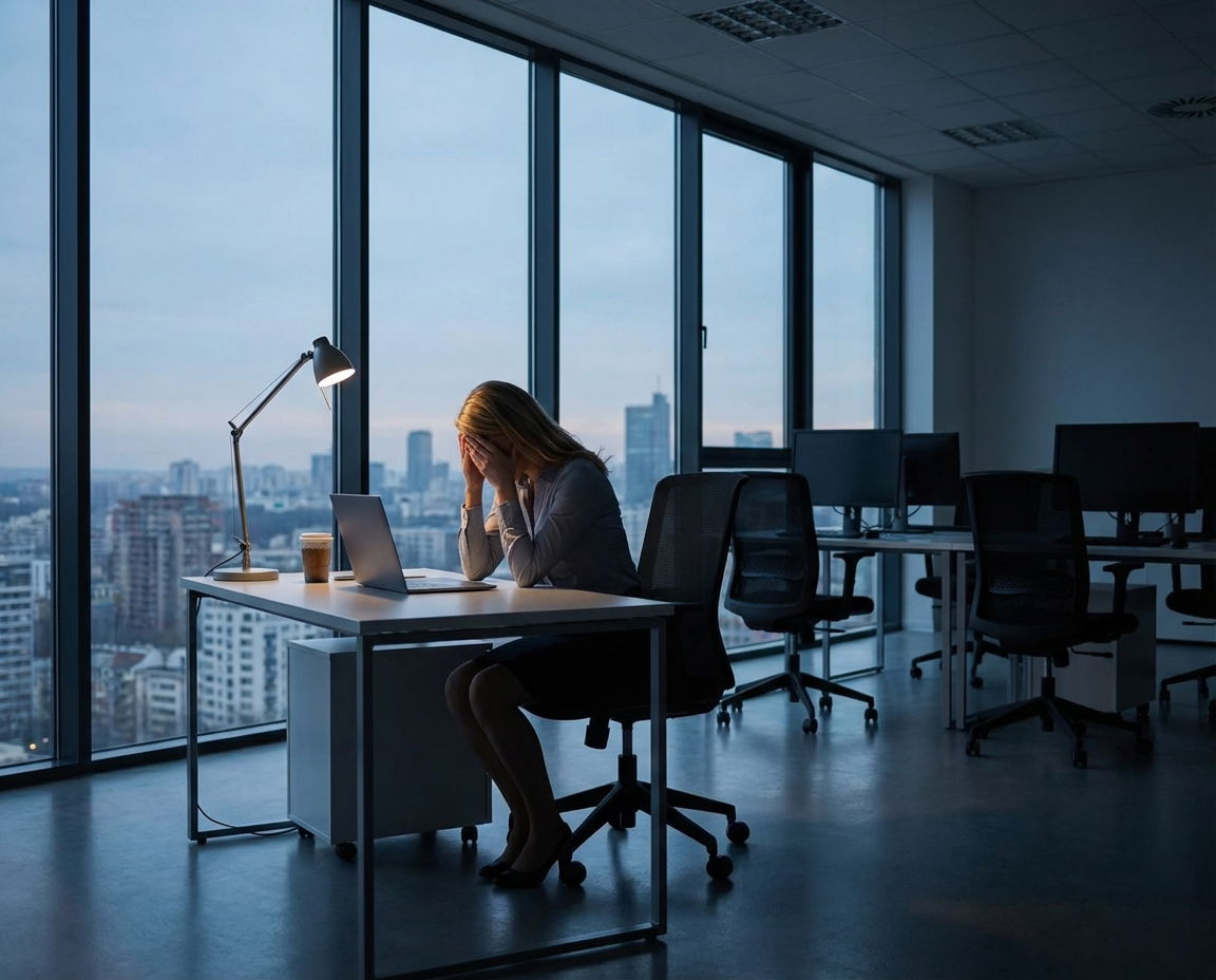 Office worker sitting alone in a modern workplace, conveying emotional isolation.