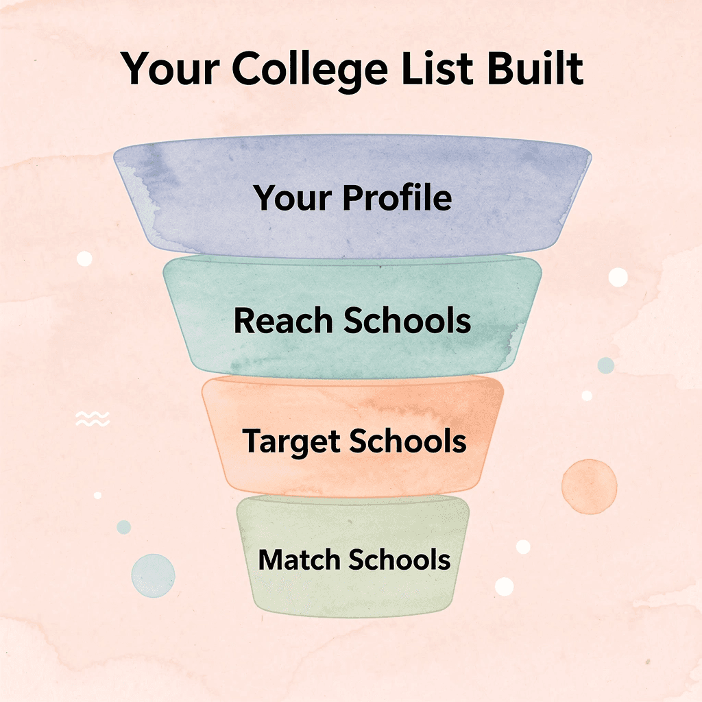 Funnel infographic showing how a student profile is filtered into reach, target, and match schools