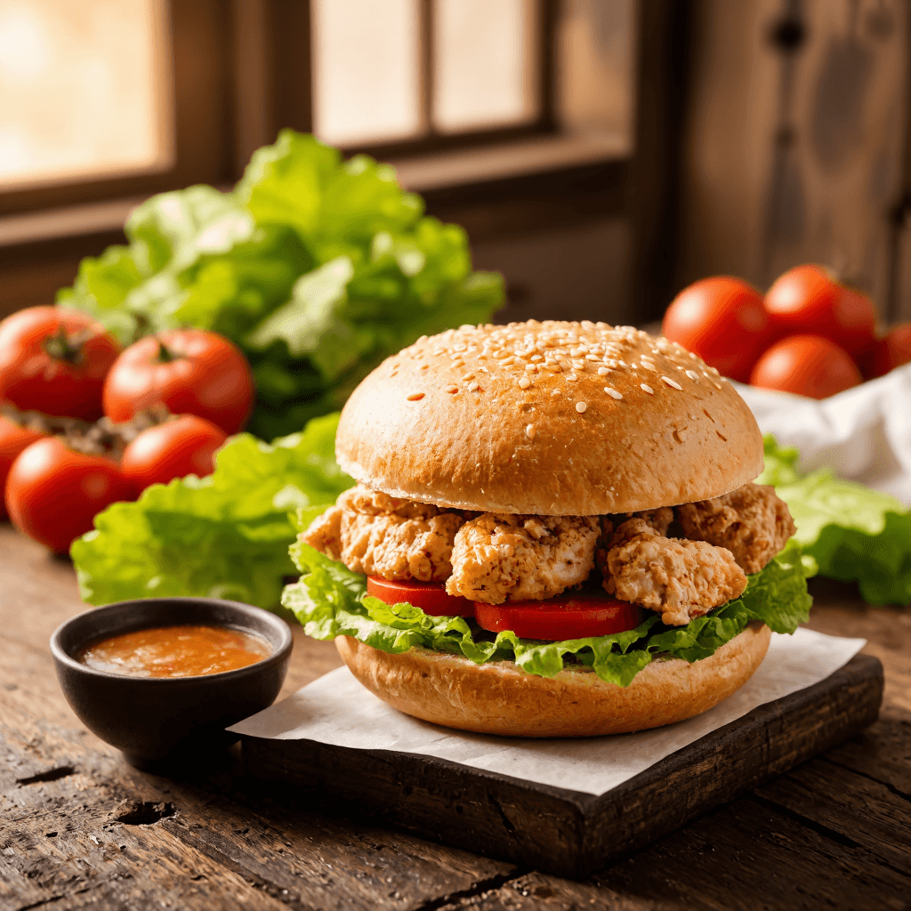 product photography of a sandwich filled with shredded chicken, lettuce, and tomato, served in a sesame seed bun