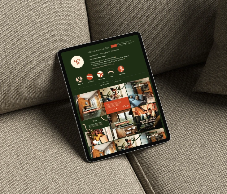 An iPad displaying Tafe's Instagram profile grid, showing a cohesive feed that alternates between lifestyle photography and apartment listing posts in the brand's green, orange, and cream palette.