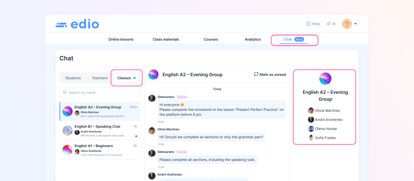 edio classes tab showing school owner visibility into all class group chats on online language teaching platform