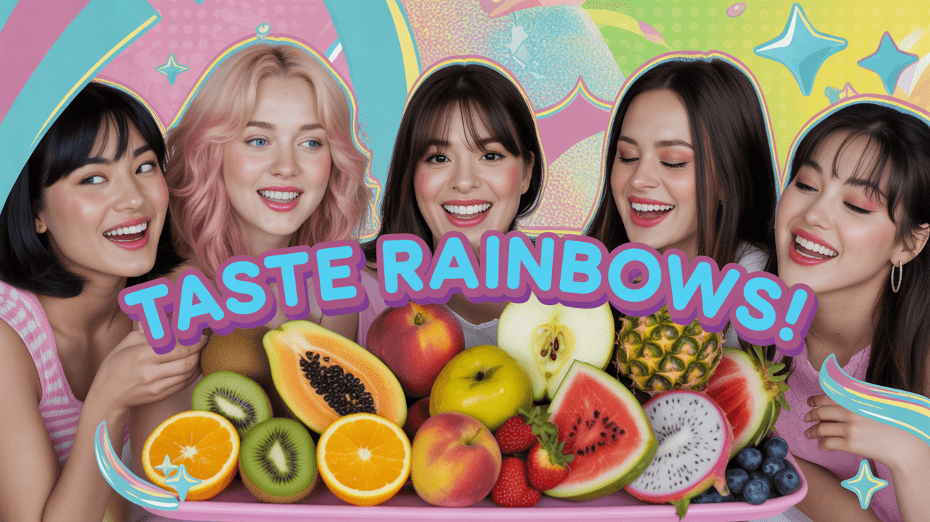 Stylish girls sharing colorful fruit platter with Taste Rainbows headline