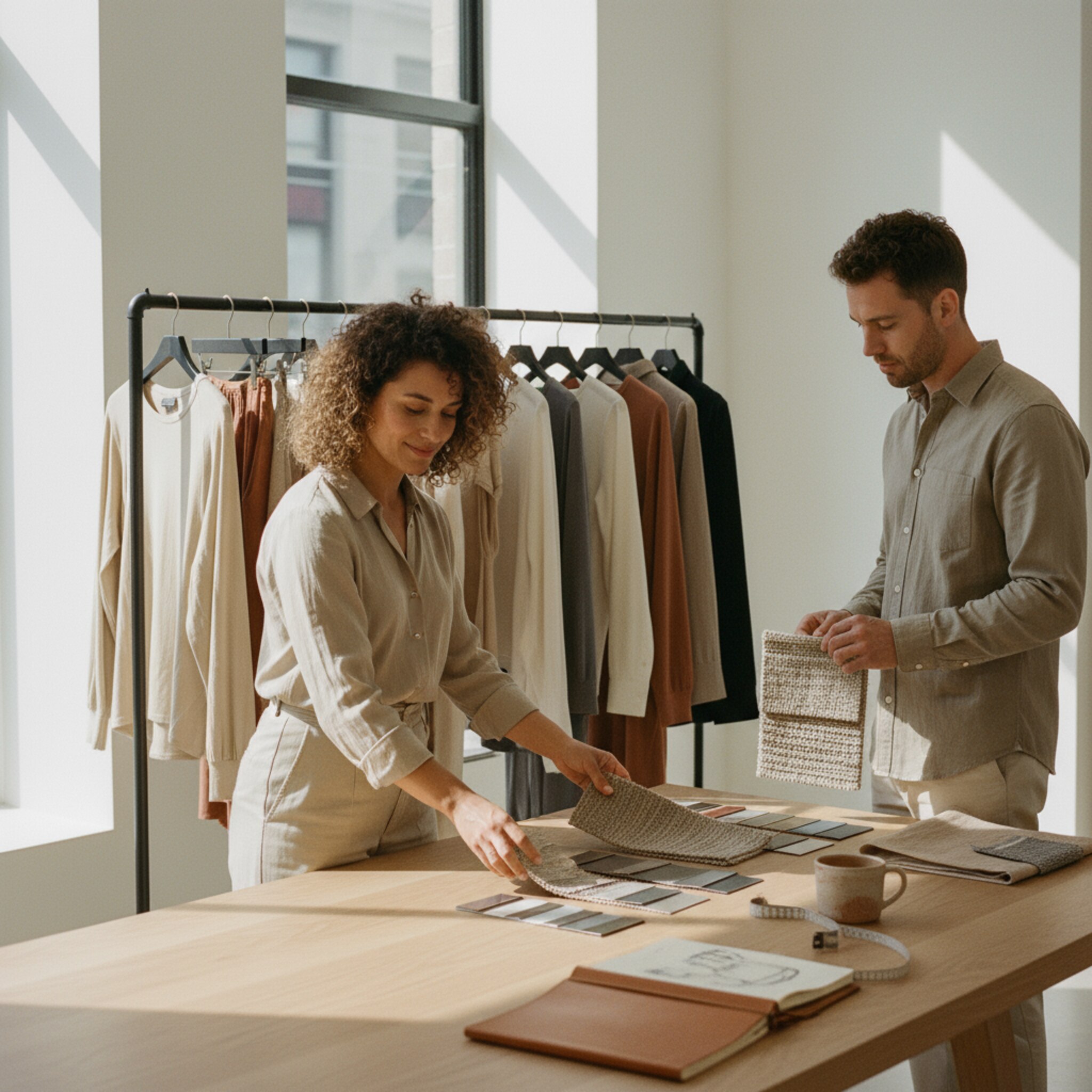 Eine Beraterin legt Stoffmuster und Metallfinishs auf einen hellen Holztisch, neben ihr ein kuratierter Kleiderständer mit einer neuen Kollektion. Weiches Seitenlicht fällt durch hohe Fenster und zeichnet klare Schatten. Ein Kunde prüft konzentriert eine Texturprobe. Die Atmosphäre ist ruhig, hochwertig und fokussiert.
