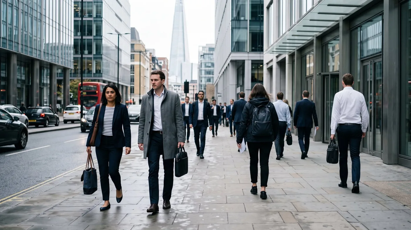 Commuters in coats walking past glass office buildings
