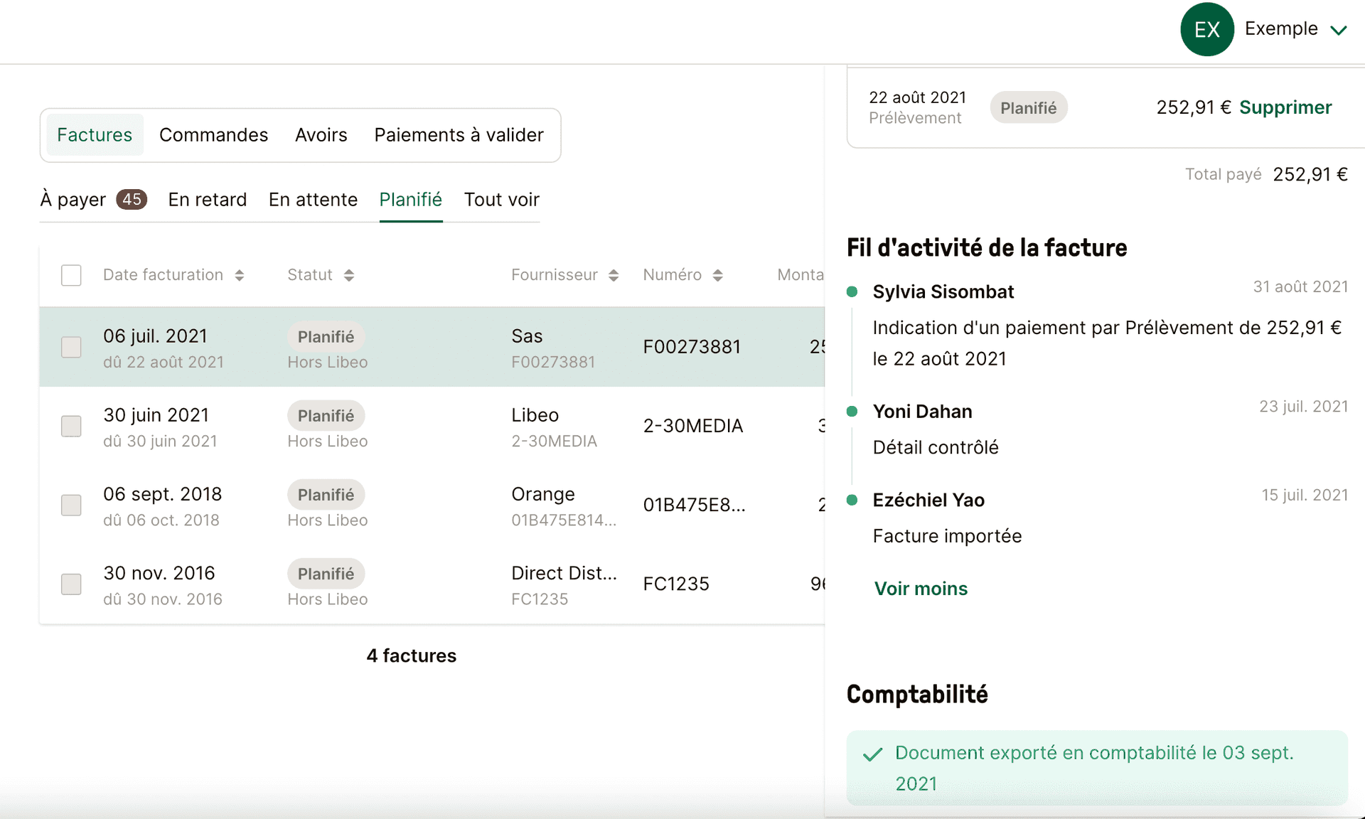 fil d'activité facture