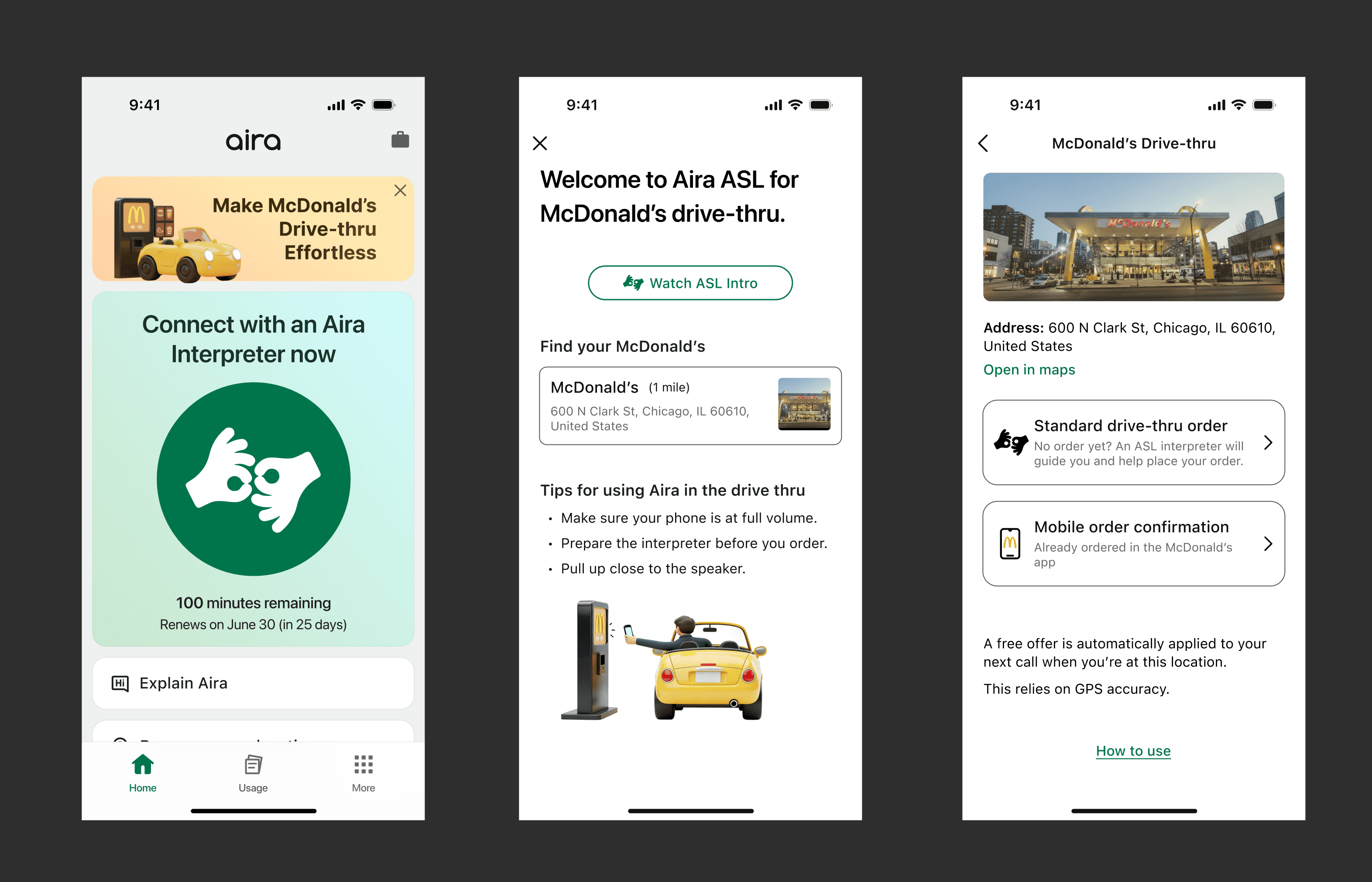 UI Mockups of a new user flow for an Aira-supported drive thru experience at McDonald's. There are three screen designs: the first shows a new banner at the top of the Aira ASL homepage that reads "Make McDonald's Drive-Thru Effortless"; the second is the welcome page, with a button to watch the intro in ASL, a button to confirm your McDonald's location, and tips for using Aira in the drive thru; the third page has options to start a standard or mobile drive-thru order.