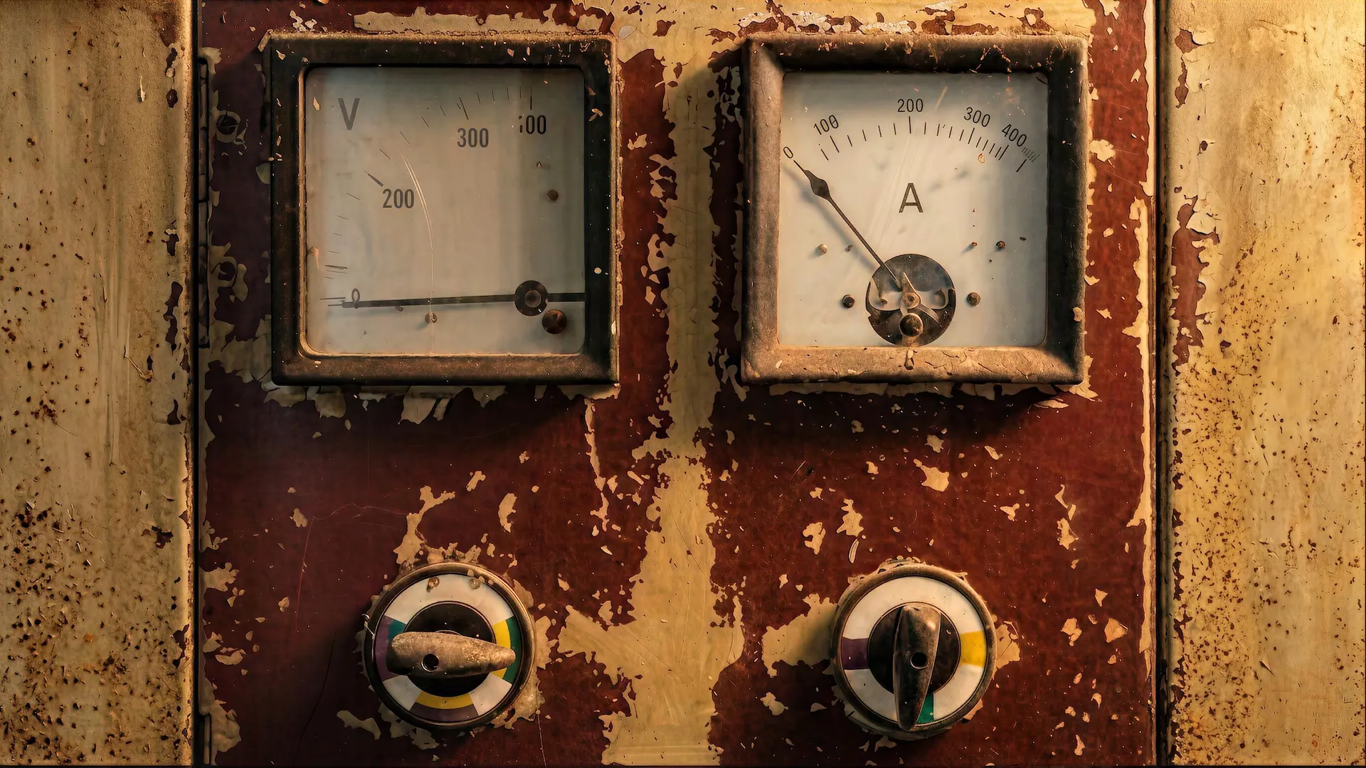 Rusted control panel: voltmeter reads zero, ammeter shows active current, paint peeling badly.