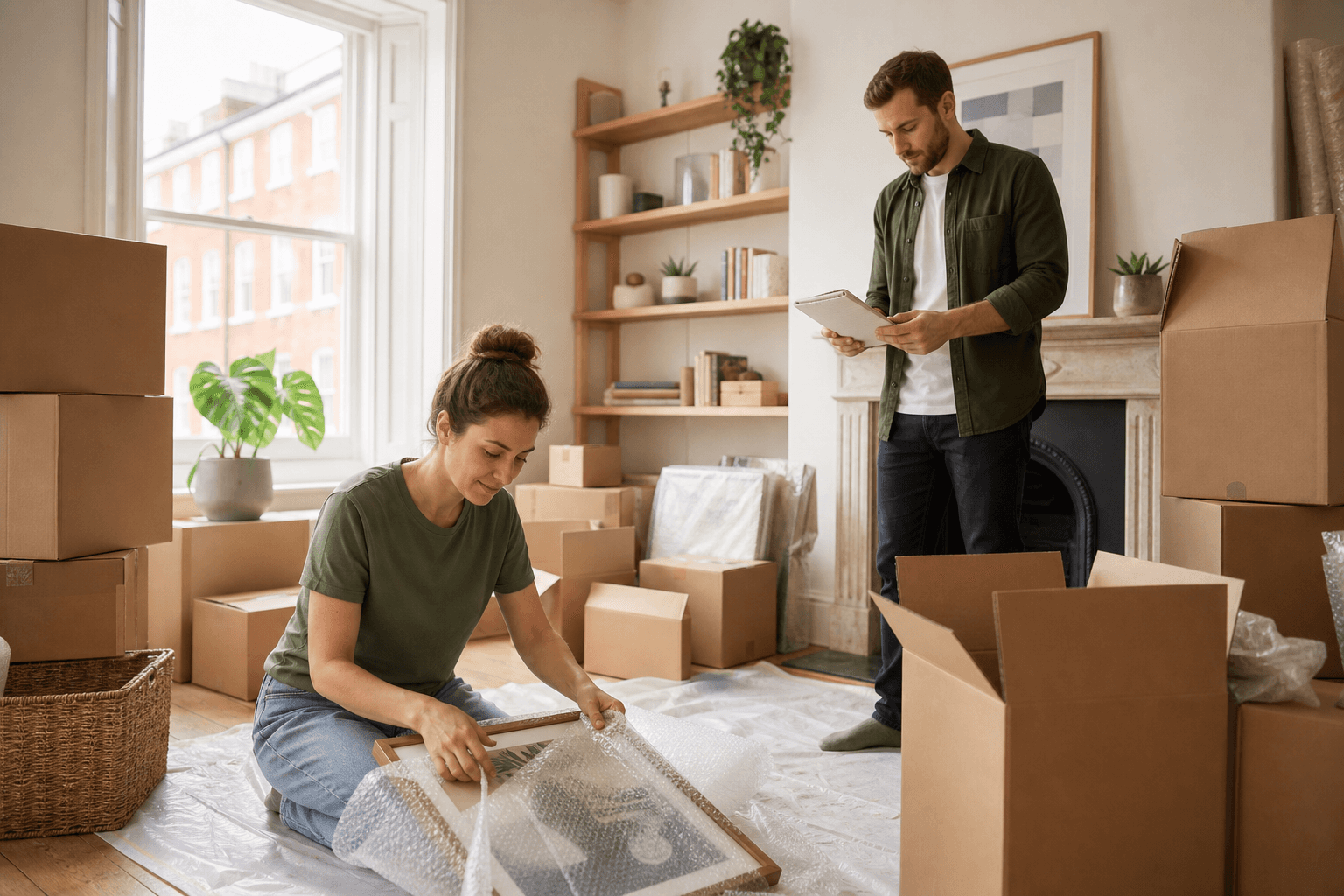 A couple organising boxes in a Goodhold storage unit during a move