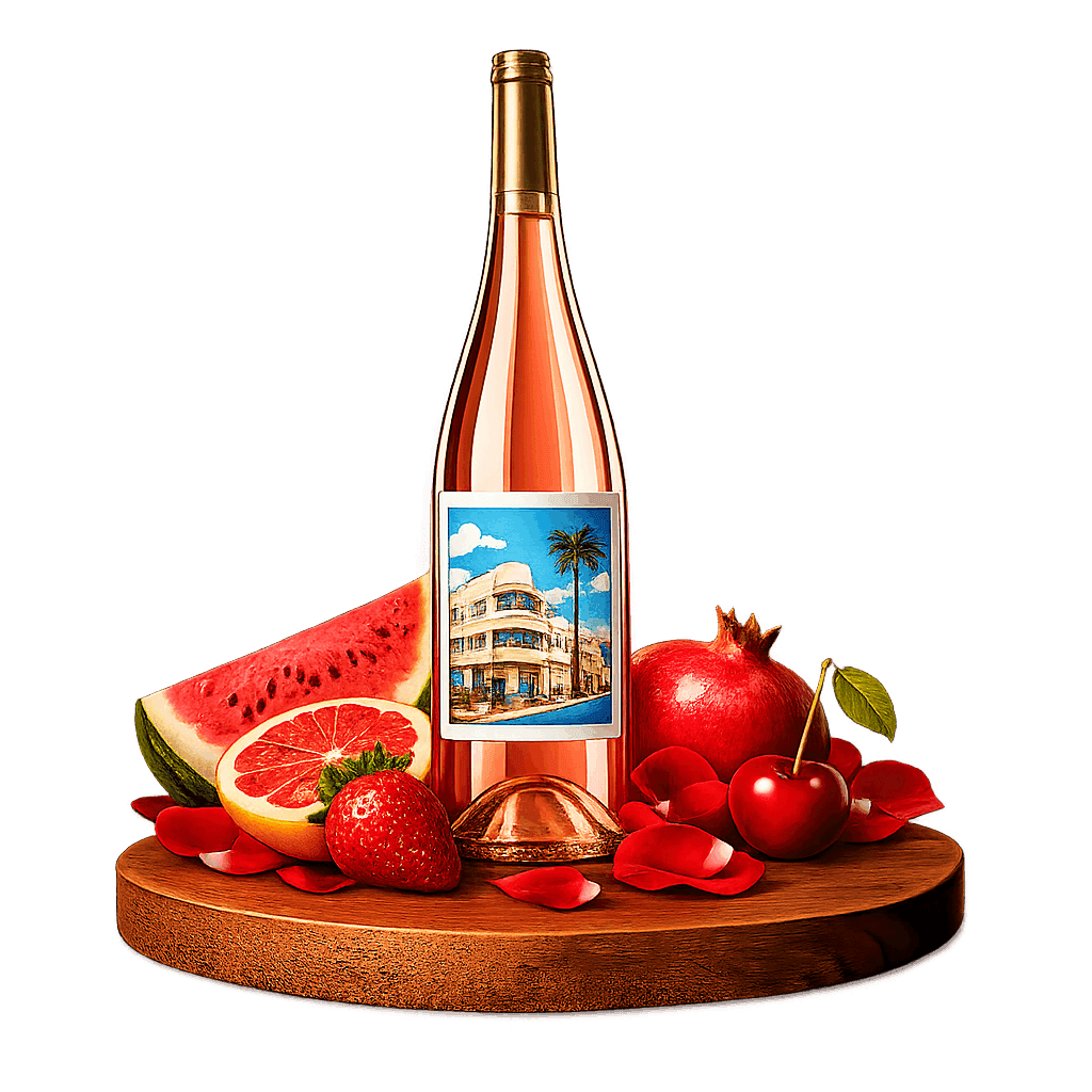Artistic label and flavor profile for Israeli Rosé on a rustic wooden table.