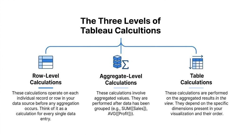 A diagram illustrating the three levels of Tableau calculations: Row-Level, Aggregate-Level, and Table Calculations.