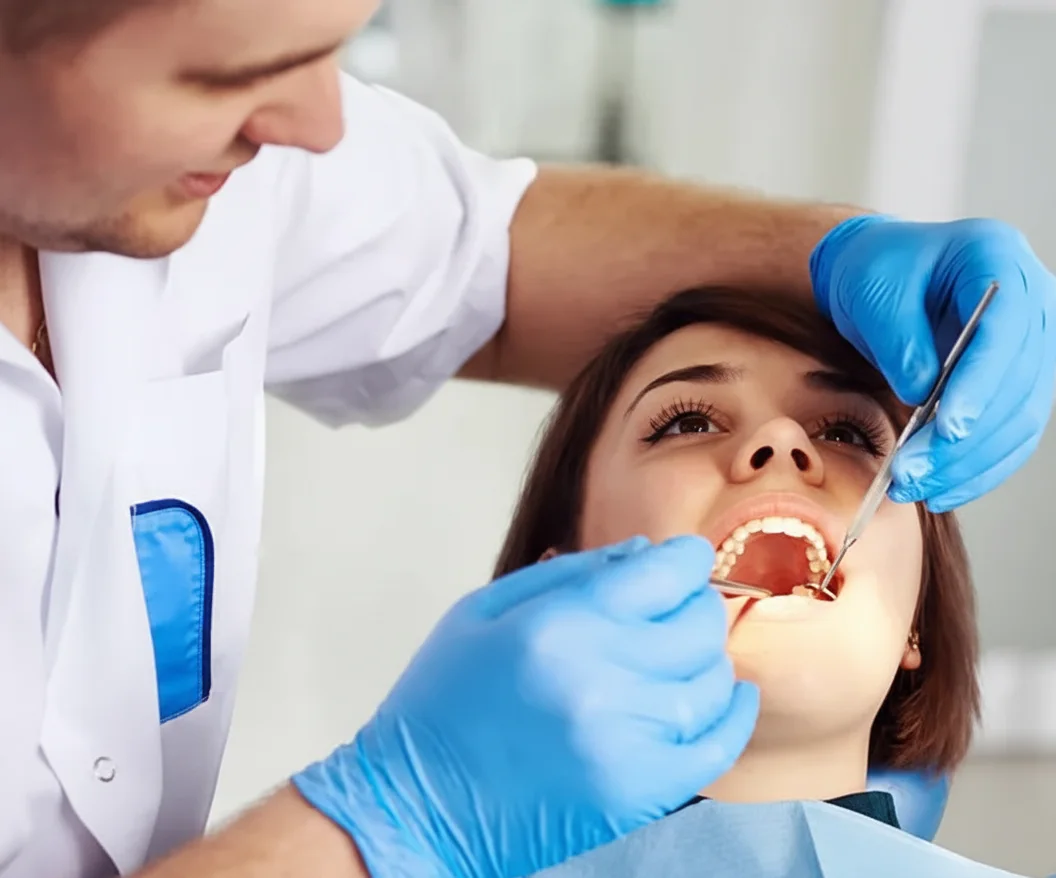 Patient lying in a dental chair while a dentist wearing blue gloves performs a dental procedure