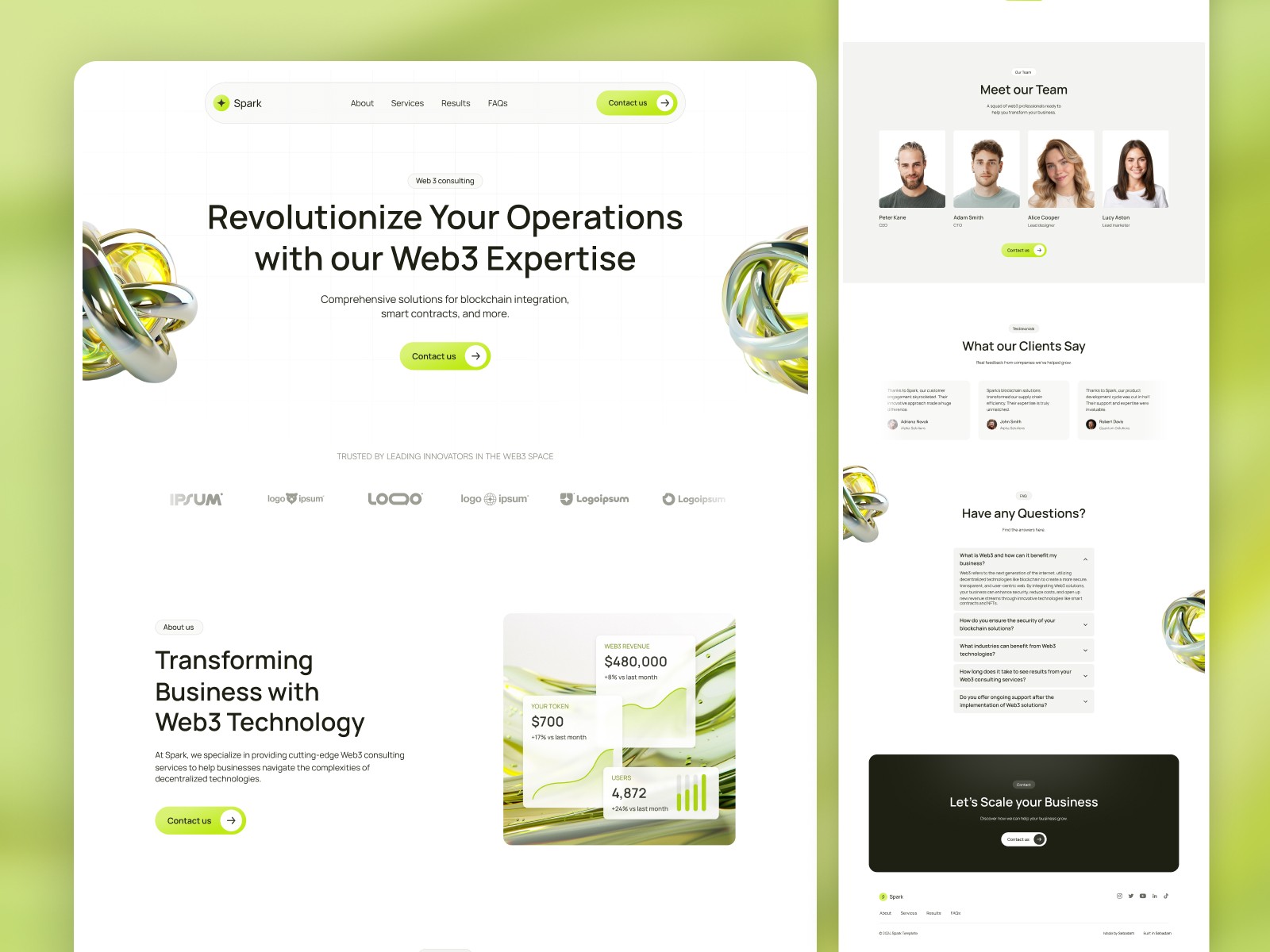 Spark template multi-page overview with team, testimonials, and FAQ sections
