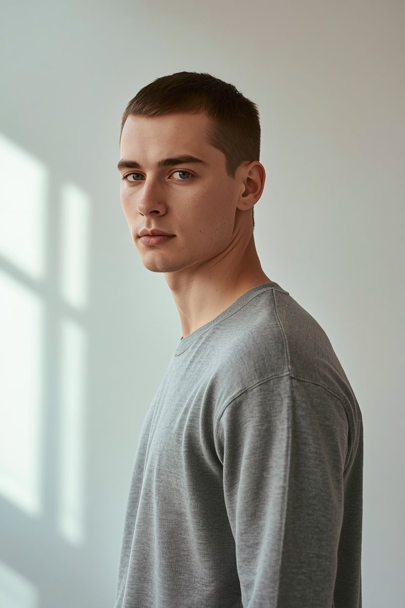 Young man with short hair in grey long-sleeve top looking over shoulder in minimal studio