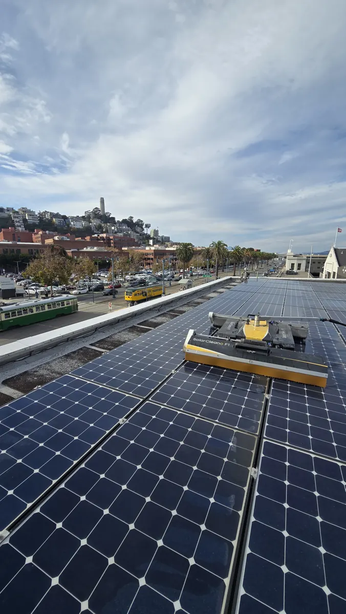 Solar cleaning robot working on a rooftop array at Pier 9 in San Francisco, CA