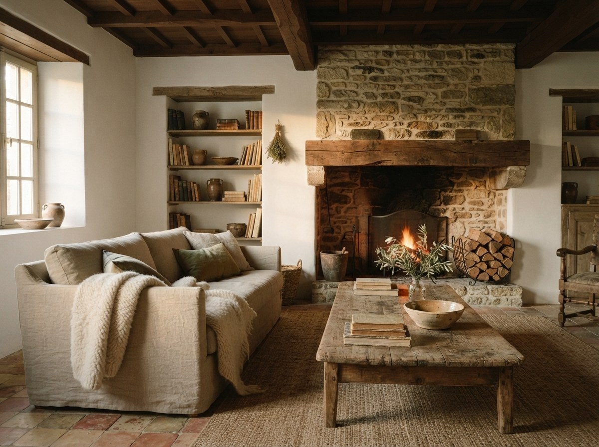 The living room today, under the old chestnut beams.
