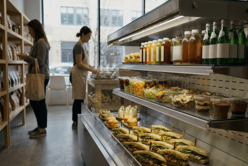 Espace de point de vente contenant un client et un travailleur