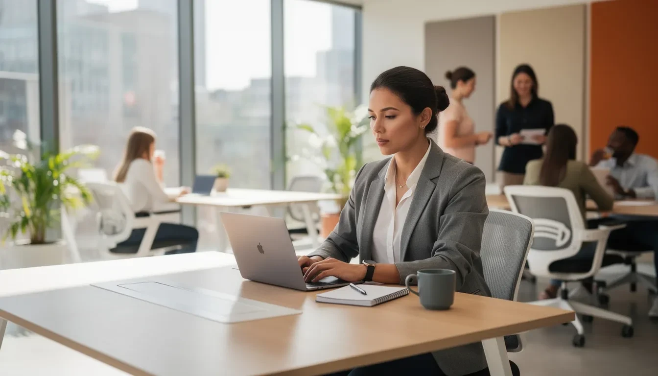 Fractional executive working in an open office.