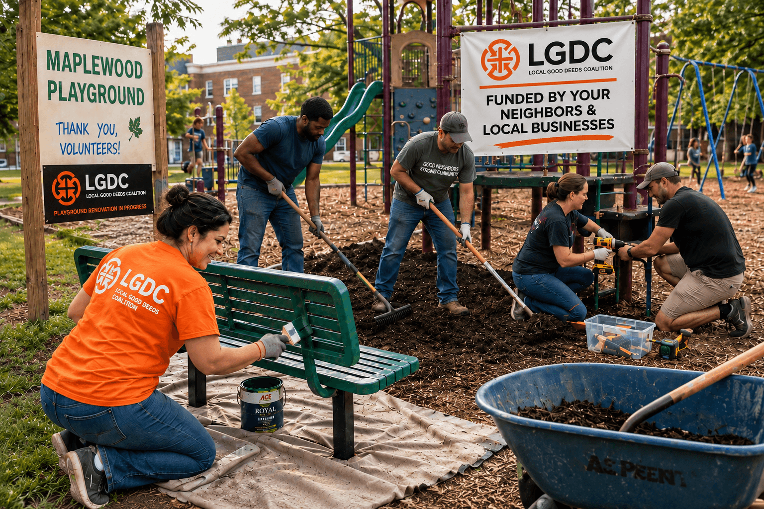 Volunteers improve a neighborhood playground together.