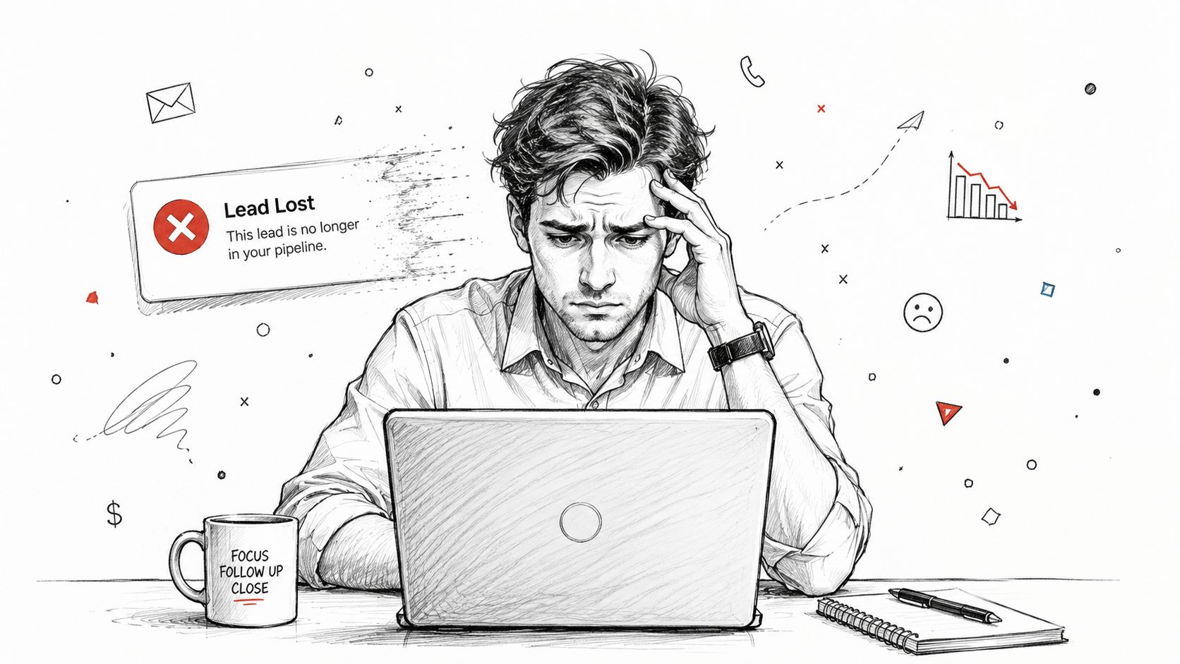 A frustrated professional sitting at a desk with a laptop, reflecting on a lost business sales lead.