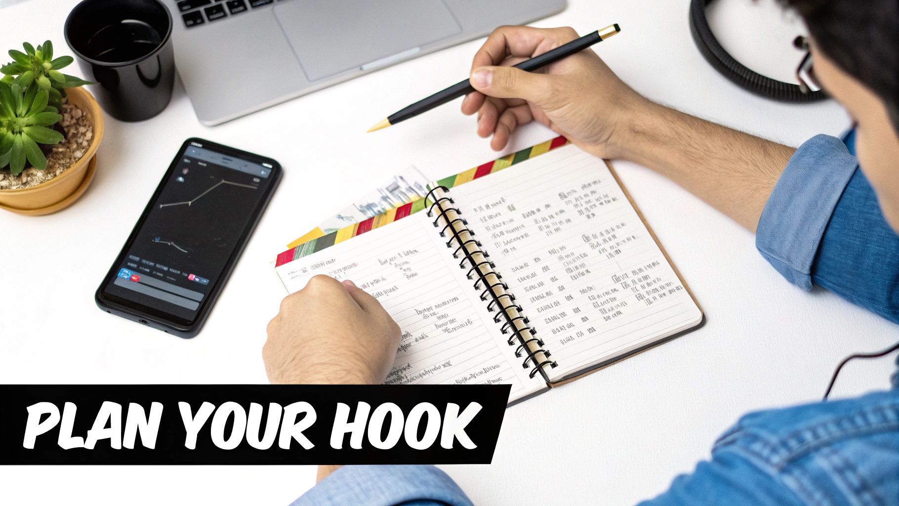 Overhead shot of a person writing in a notebook at a desk with a phone showing a graph and a laptop.