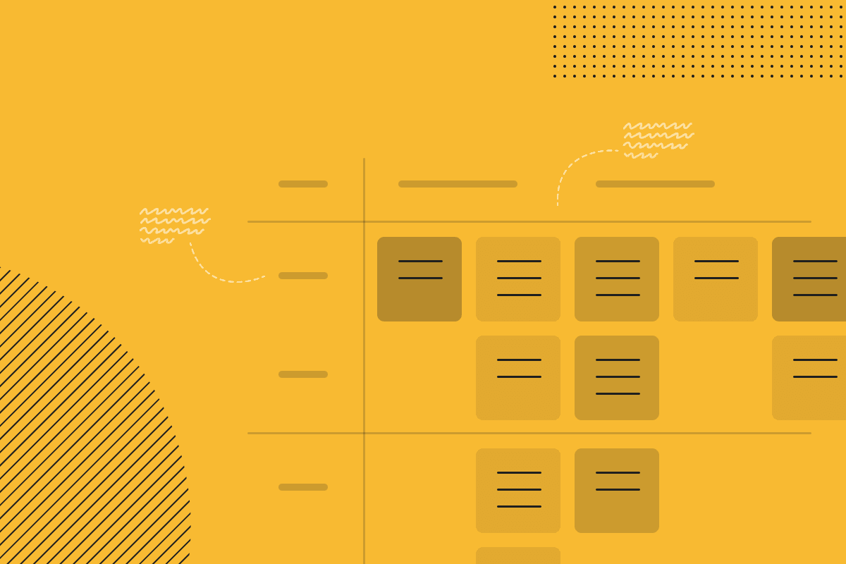 A monochome illustration of a grid of post-it notes with written annotations alongside