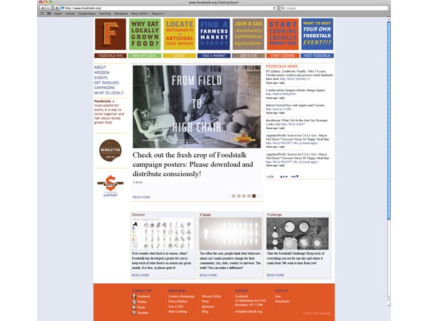 A screenshot of a Foodstock website displays a banner advertising campaign posters for Foodstock. The banner reads “FROM FIELD TO HIGH CHAIR” and includes a photo of a person in a high chair. The website includes navigation links such as “ABOUT,” “MESSAGE,” “EVENTS,” “CAMPAIGNS,” and “WHAT IS LOCAL.” A sidebar shows a “NEWSLETTER” section and a “SUPPORT” button. The bottom of the screen shows social media links and a copyright notice.
