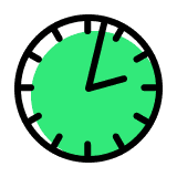 Green clock icon with black outlines, showing the time with hour and minute hands.