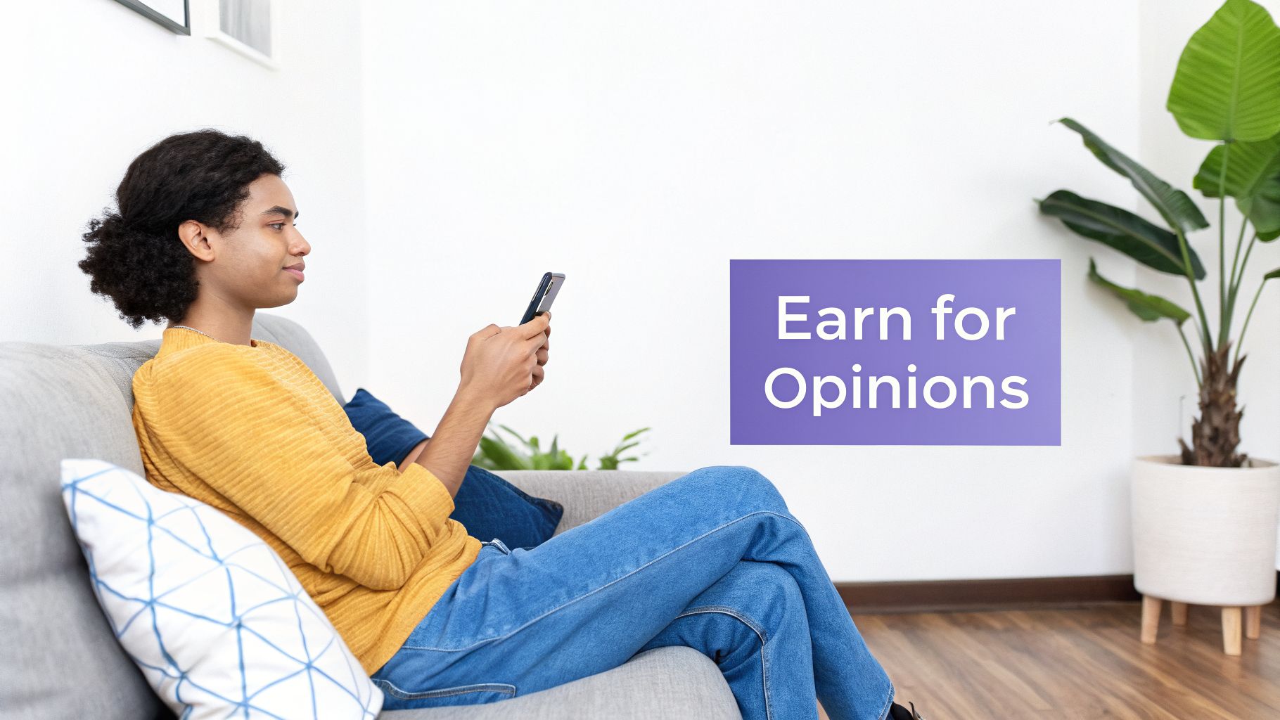 A person with curly hair on a grey couch using a smartphone, next to a purple graphic 'Earn for Opinions'.