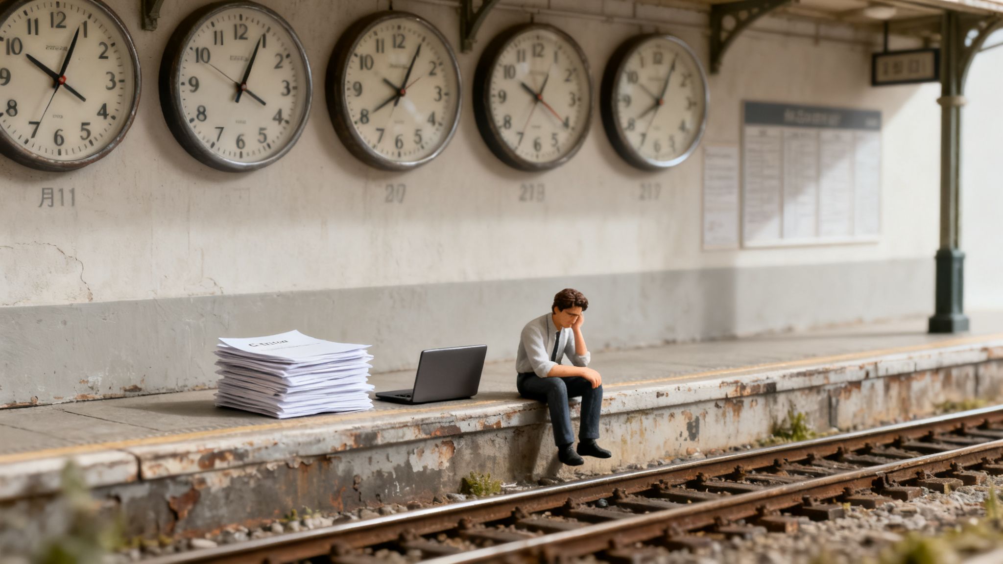 A miniature man sits dejectedly on a train platform next to papers, a laptop, and clocks.