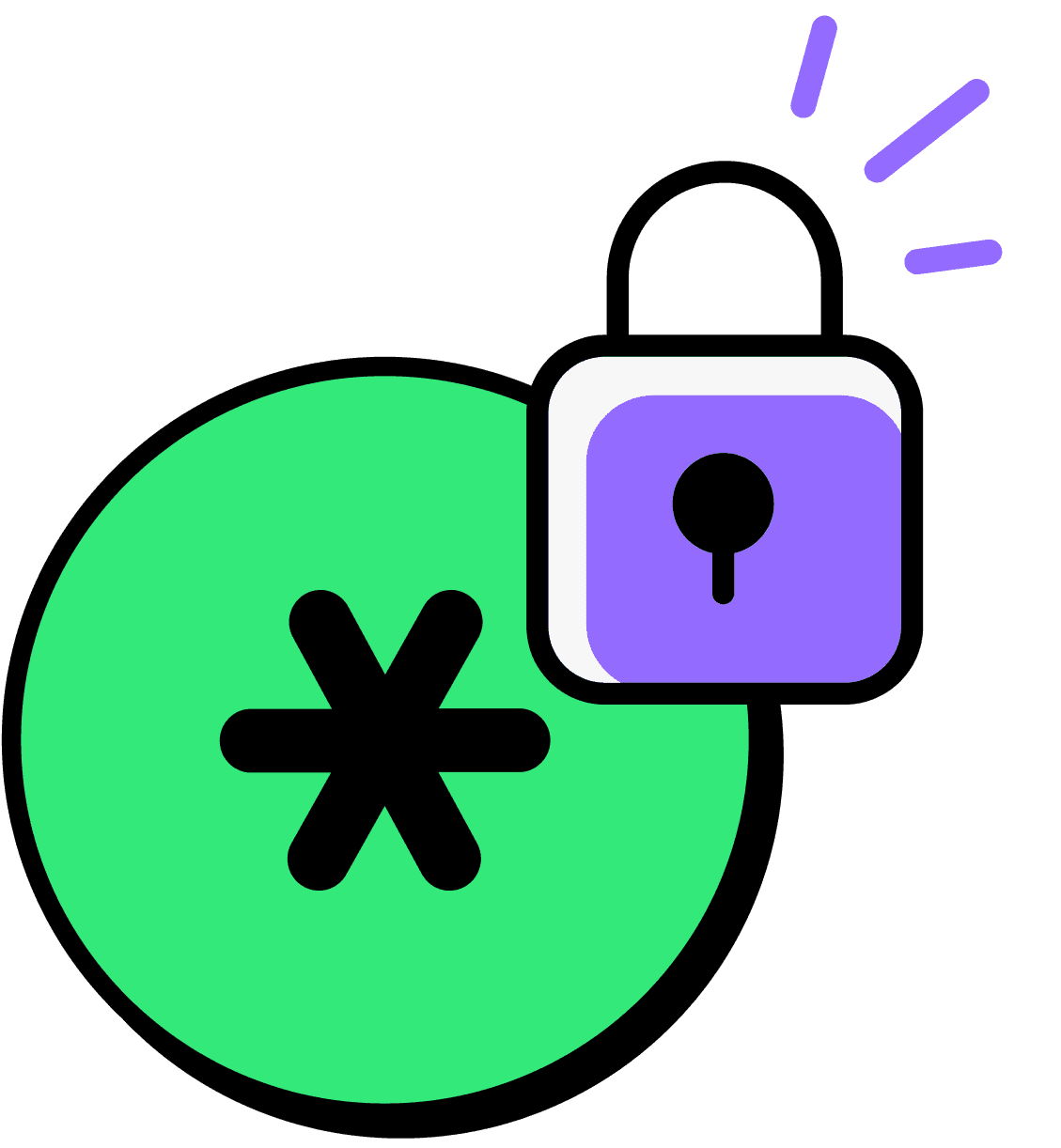 A purple padlock icon over a green circle with an asterisk, symbolizing digital security and password protection.