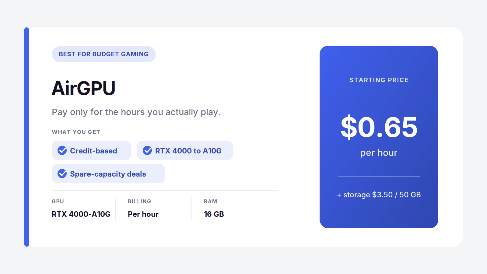 AirGPU budget cloud gaming, pay per hour from $0.65 with credit-based billing