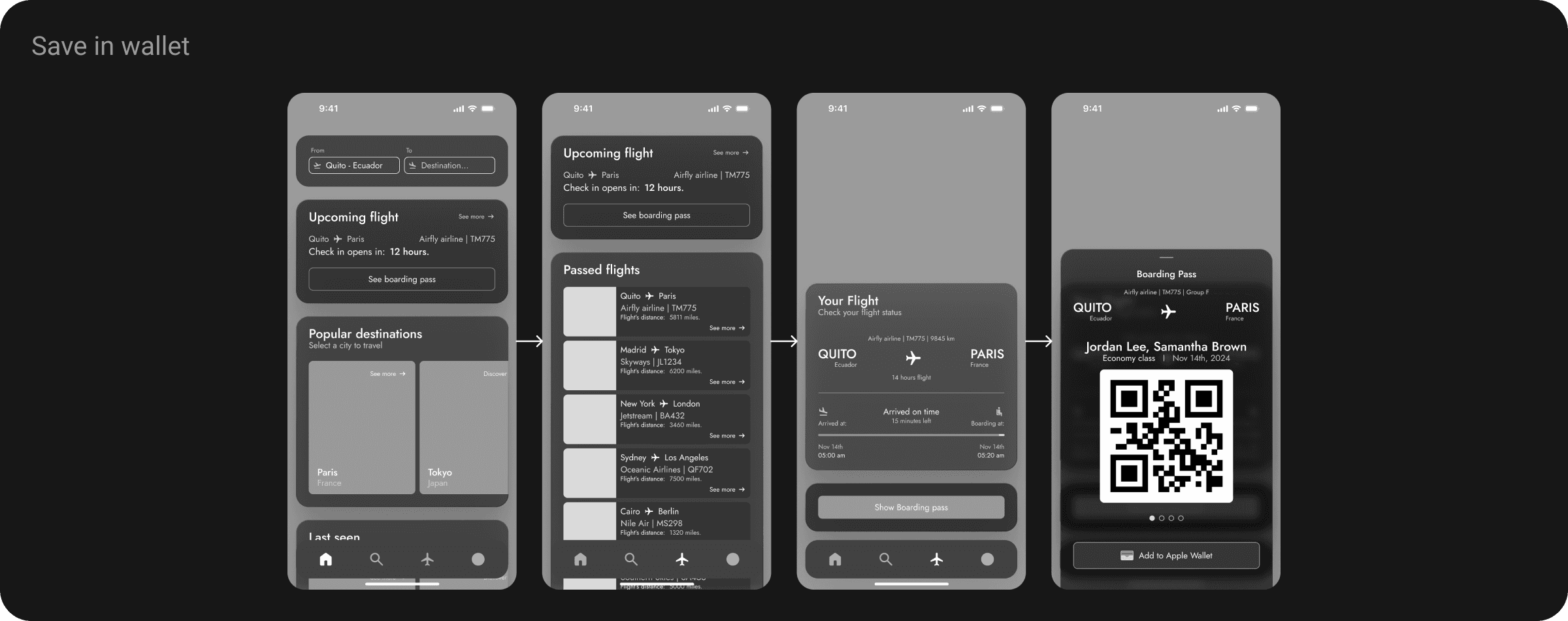 Travel app flow showing boarding pass access and saving to a digital wallet.