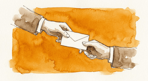Aquarell-Illustration von zwei Händen, die einen Briefumschlag übergeben, als Symbol für eine Bewerbung oder Anfrage