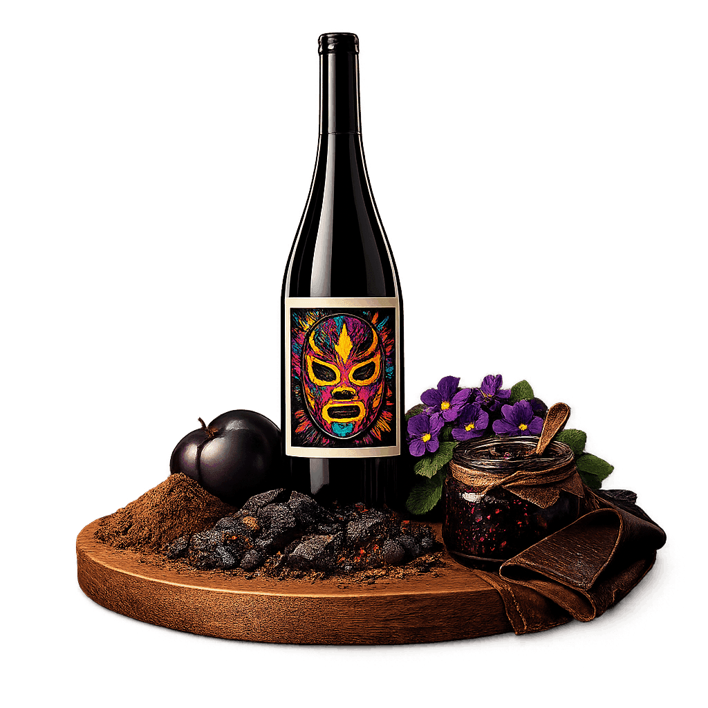 Artistic label and flavor profile for Mexican Nebbiolo on a rustic wooden table.
