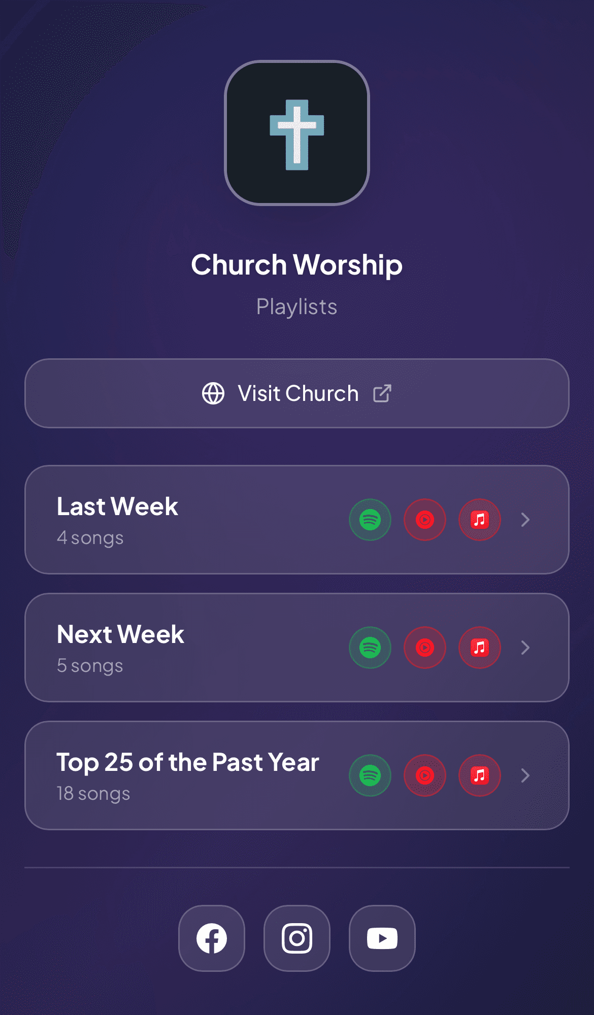 Church Playlist Landing Page- Last Week, Next Week, Top 25 of the Past Year