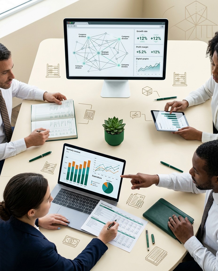 a group of people sitting around a table with laptops