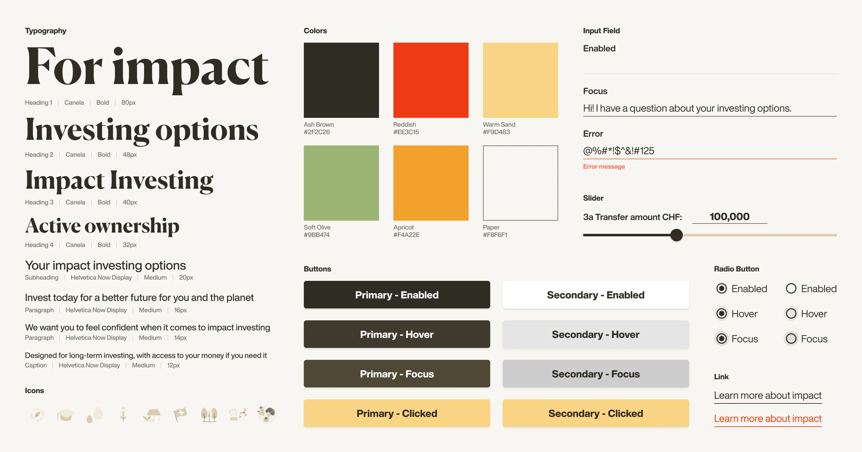 Snapshot of the website design system illustrating typography, color usage, icons, and UI components across states.